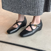 4cm法式 女 头层牛皮内增高简约交叉扣带单鞋 复古时尚 圆头玛丽珍鞋