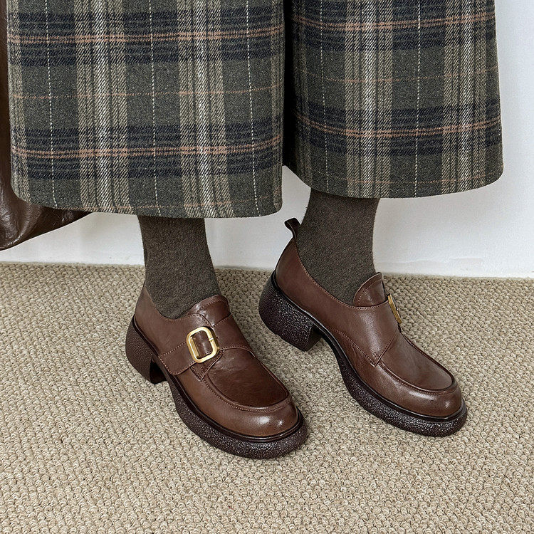 5cm法式圆头皮带扣深口单鞋女百搭纯色质感牛皮英伦风粗跟乐福鞋,女鞋,深口单鞋,淘宝优惠券,粉丝福利购,淘宝优惠卷