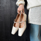 2.5cm真皮法式 温柔百搭白色单鞋 方浅口一字扣带粗跟时尚 玛丽珍鞋