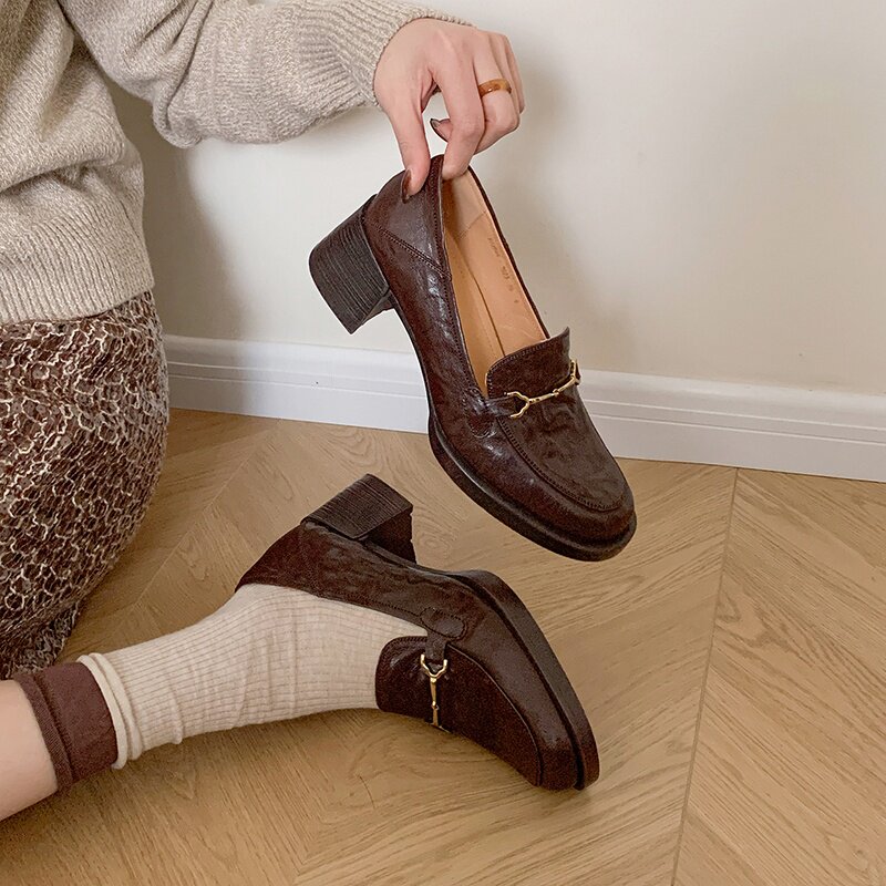 5.5cm圆头通勤乐福鞋高跟鞋女2026新款不累脚真皮粗跟单鞋小皮鞋