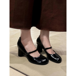 单鞋 7cm法式 一字扣带粗跟百搭高跟鞋 女时尚 复古红色漆皮玛丽珍鞋