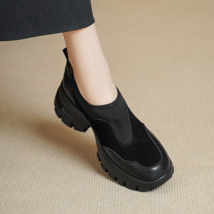 7cm厚底懒人松糕鞋女真皮时尚一脚蹬单鞋2026新款英伦高跟小皮鞋