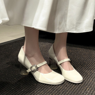 温柔白色单鞋 透明粗跟一字扣带玛丽珍鞋 女 不累脚小高跟鞋 7cm法式