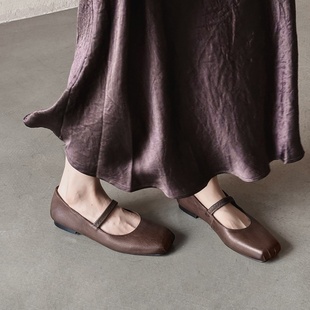 1cm头层牛皮方头猪鼻子芭蕾舞鞋法式复古平底鞋女软底玛丽珍单鞋