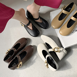 法式复古软羊皮中跟小皮鞋女2025新款圆头浅口单鞋一字带玛丽珍鞋