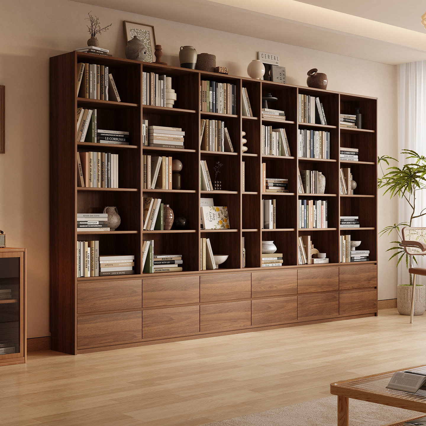 实木客厅书柜一体整墙家用收纳柜储物柜中古风书架定制组合展示柜