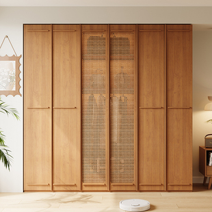 橡木色实木衣柜免拉手2025新款藤编柜门分段式骨格线定制大衣橱