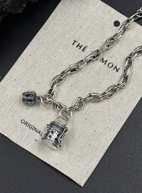 女士925银复古老花水桶包手链