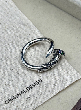 925银复古彩钻钉子开口戒指