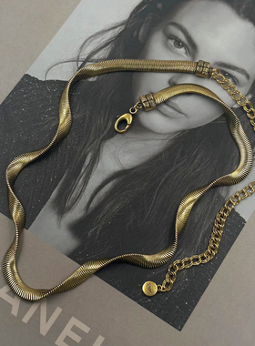 S925纯银复古古金扁蛇项链女小众设计日韩简约轻奢风链条项链扁链