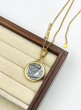 S925纯银雅典娜女神古币项链女双面设计时尚个性潮流百搭毛衣链