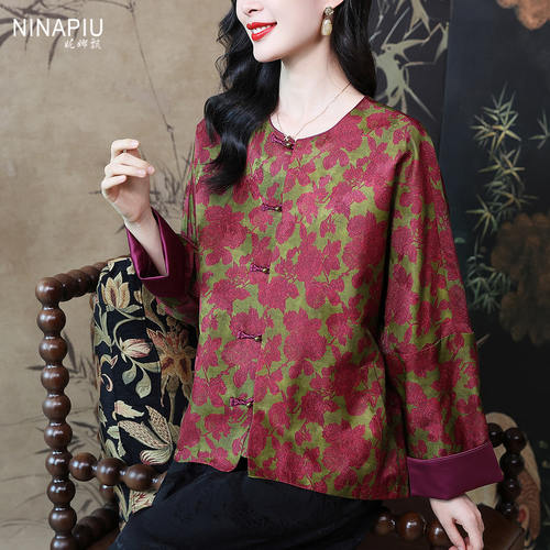 妮娜飘复古花色香云纱宽松外套