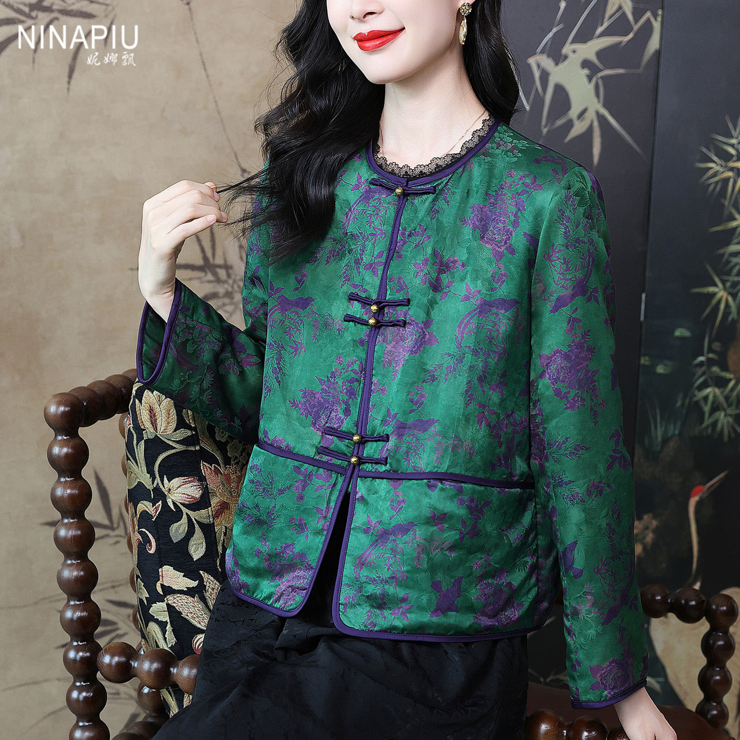 妮娜飘国风复古花色真丝棉服外套