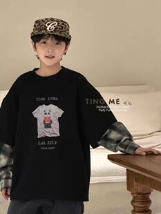 2026年秋听么男童卫衣薄款儿童假两件拼接格子袖子春秋装潮炸街