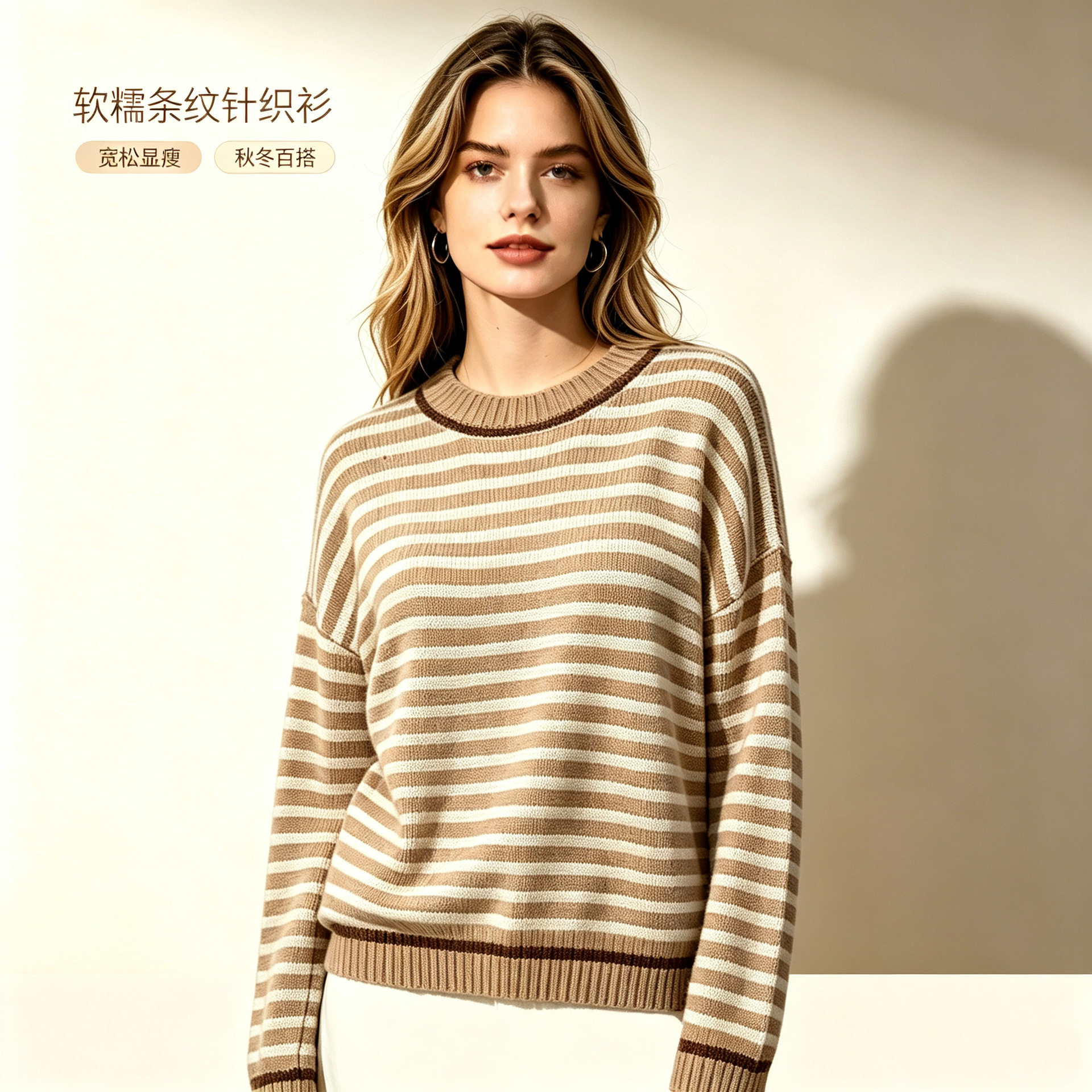 春秋新款时尚休闲针织衫女衫长袖圆领套头宽松毛衣上衣条纹毛衣女