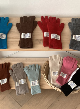 ins百搭露指可触屏长款手套女韩国冬季骑车保暖护腕针织五指手套