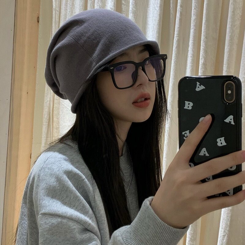 素颜帽子女网红大头围堆堆帽秋冬百搭黑色针织帽套头冷帽毛线帽男