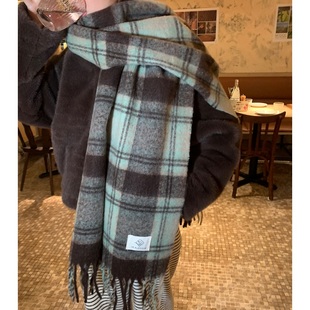 新款复古仿羊绒格子围巾女秋冬季高级感加大加厚流苏围脖披肩两用