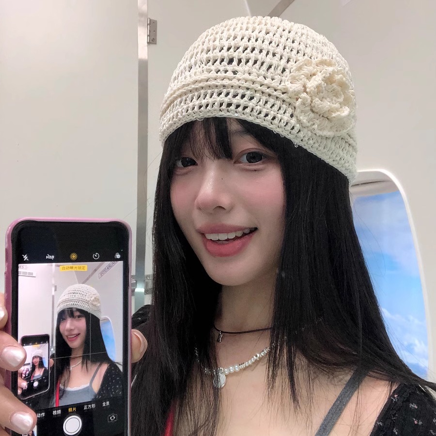 细闪薄款花朵针织冷帽女春夏ins复古包头帽子新款百搭毛线套头帽
