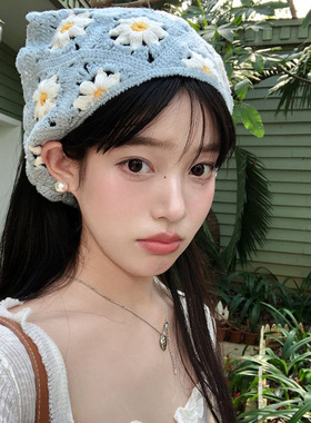 法式复古针织针织钩花镂空三角巾女夏季ins甜美可爱发带辣妹头巾