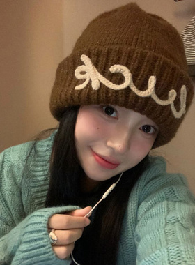 美拉德风网红款字母针织毛线帽女