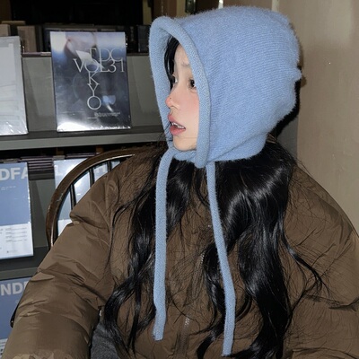 大头围可爱系带护耳针织毛线帽女