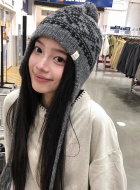 2026费尔岛提花毛线帽女秋冬季新款显脸小护耳帽百搭保暖针织帽子