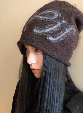 新款卷边针织堆堆帽女秋冬季大头围字母冷帽显脸小包头套头毛线帽