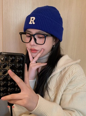 2025新款R字母毛线帽女秋冬季ins针织帽冷帽潮百搭休闲保暖帽子男