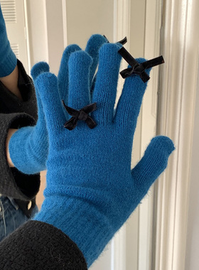 ins可触屏可爱蝴蝶结针织手套女秋冬季防寒保暖五指毛线手套学生