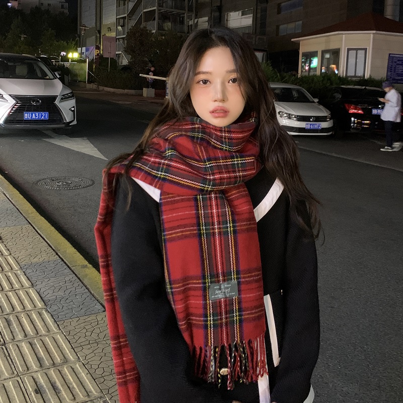 高级感圣诞红色格子围巾女秋冬季保暖复古百搭时尚仿羊绒流苏围脖
