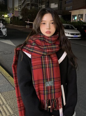 高级感圣诞红色格子围巾女秋冬季保暖复古百搭时尚仿羊绒流苏围脖