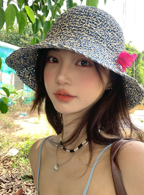 法式复古出游可折叠草帽女夏季海边沙滩帽草编渔夫帽防晒遮阳帽子