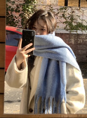 蓝色马海毛加厚纯色大围巾女秋冬季保暖百搭长款流苏围脖情侣披肩