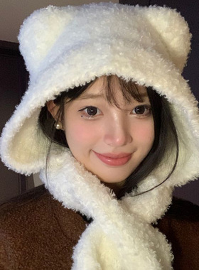 小熊耳朵帽子围巾一体帽女秋冬可爱保暖雷锋帽加厚骑车护耳毛绒帽