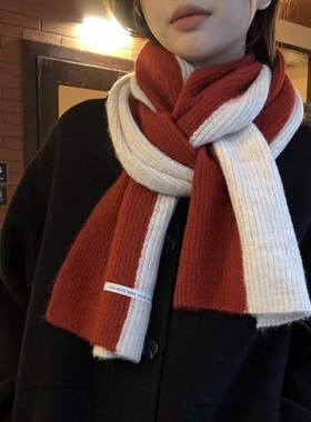 韩版ins撞色针织围巾女秋冬季百搭学生情侣保暖拼色围脖2025新款