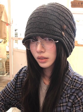 复古显脸小素颜纽扣堆堆帽子春夏季薄款大头围针织帽百搭包头冷帽
