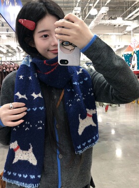 日系百搭可爱小狗藏蓝色针织围巾女冬季保暖百搭学生情侣毛线围脖