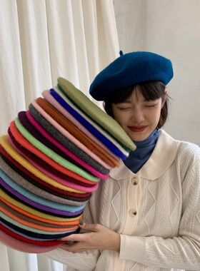 ins百搭可爱贝雷帽女日系秋冬季复古画家帽纯色羊毛呢韩版帽子潮
