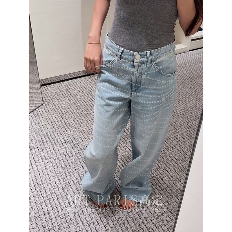 珍珠链条小香风】定染水洗~小个子高腰显瘦直筒阔腿牛仔裤女25夏