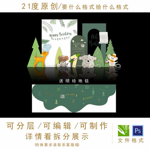 动物园主题生日宝宝宴1周岁老鼠长颈鹿白绿树KT板设计素材地毯psd