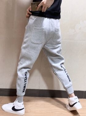 春秋新款灰色针织卫裤男修身小脚九分裤美式潮流字母休闲运动裤男