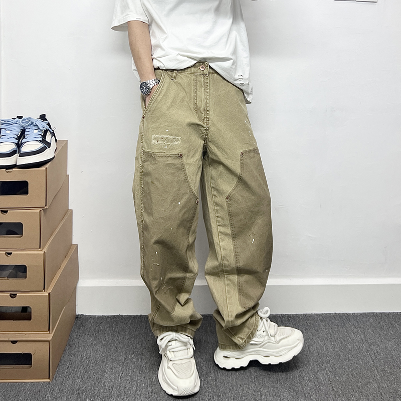 美式嘻哈街头泼墨拼接撞色牛仔裤