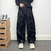 痞帅潮牌长裤 高街风泼墨涂鸦破洞做旧黑色牛仔裤 男宽松直筒阔腿裤