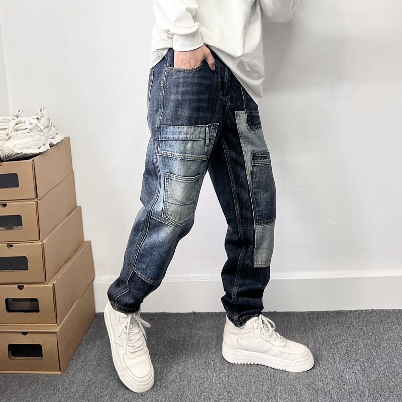 补丁拼接撞色多口袋工装牛仔裤男