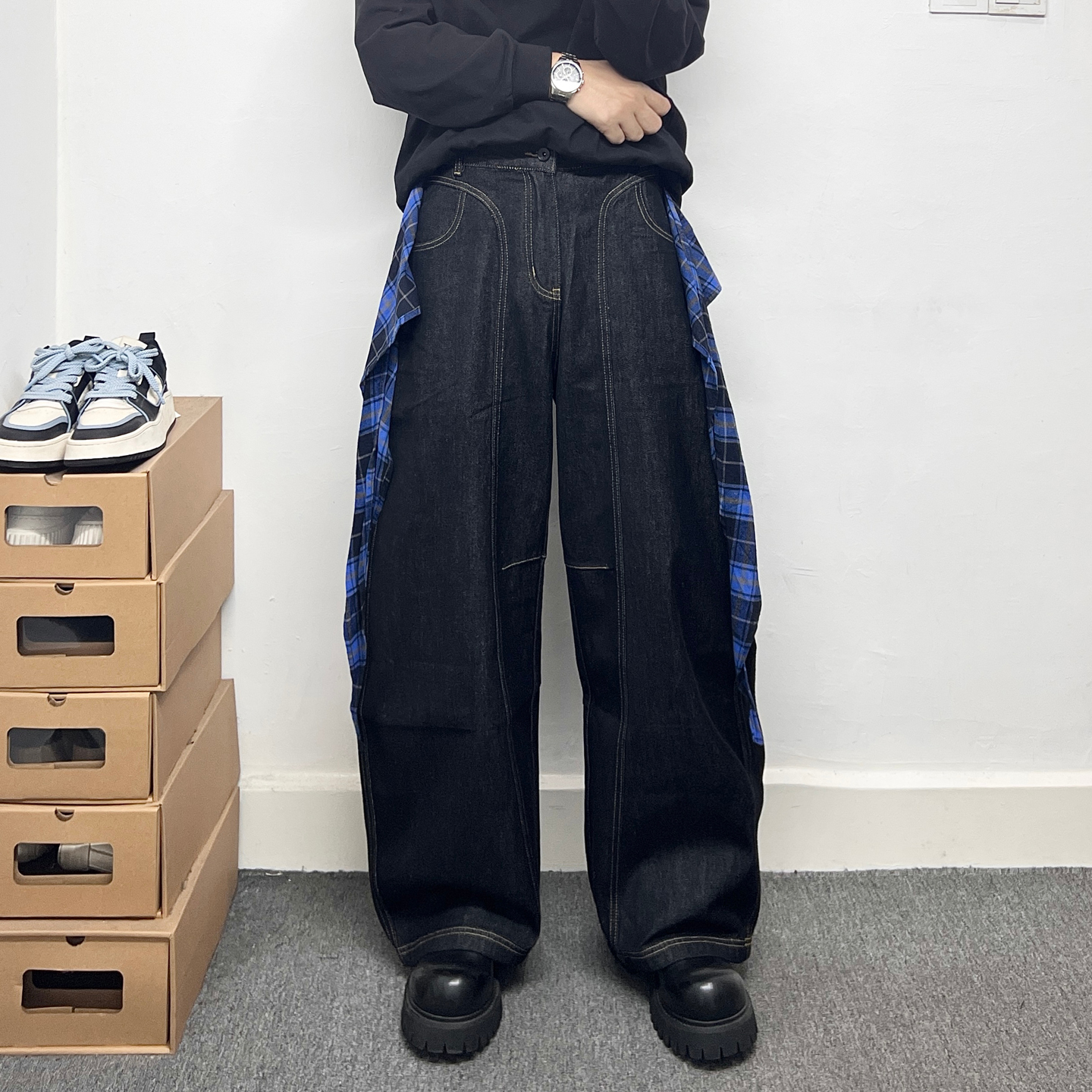 潮流格子拼接明线设计感牛仔裤男款学院风宽松直筒阔腿裤高街长裤