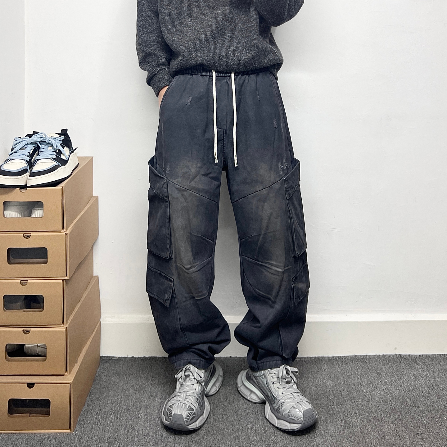 多口袋直筒工装裤男水洗做旧废土风刮破设计痞帅加绒休闲裤男冬季