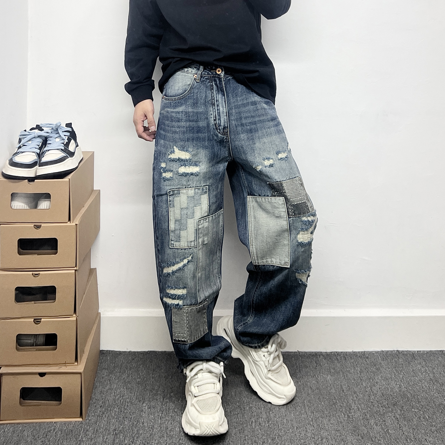 潮牌破洞补丁哈伦牛仔裤男款痞帅拼接撞色宽松阔腿直筒微垮长裤子