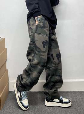 冬季加绒迷彩裤男水洗做旧宽松直筒休闲裤美式高街ins风运动长裤