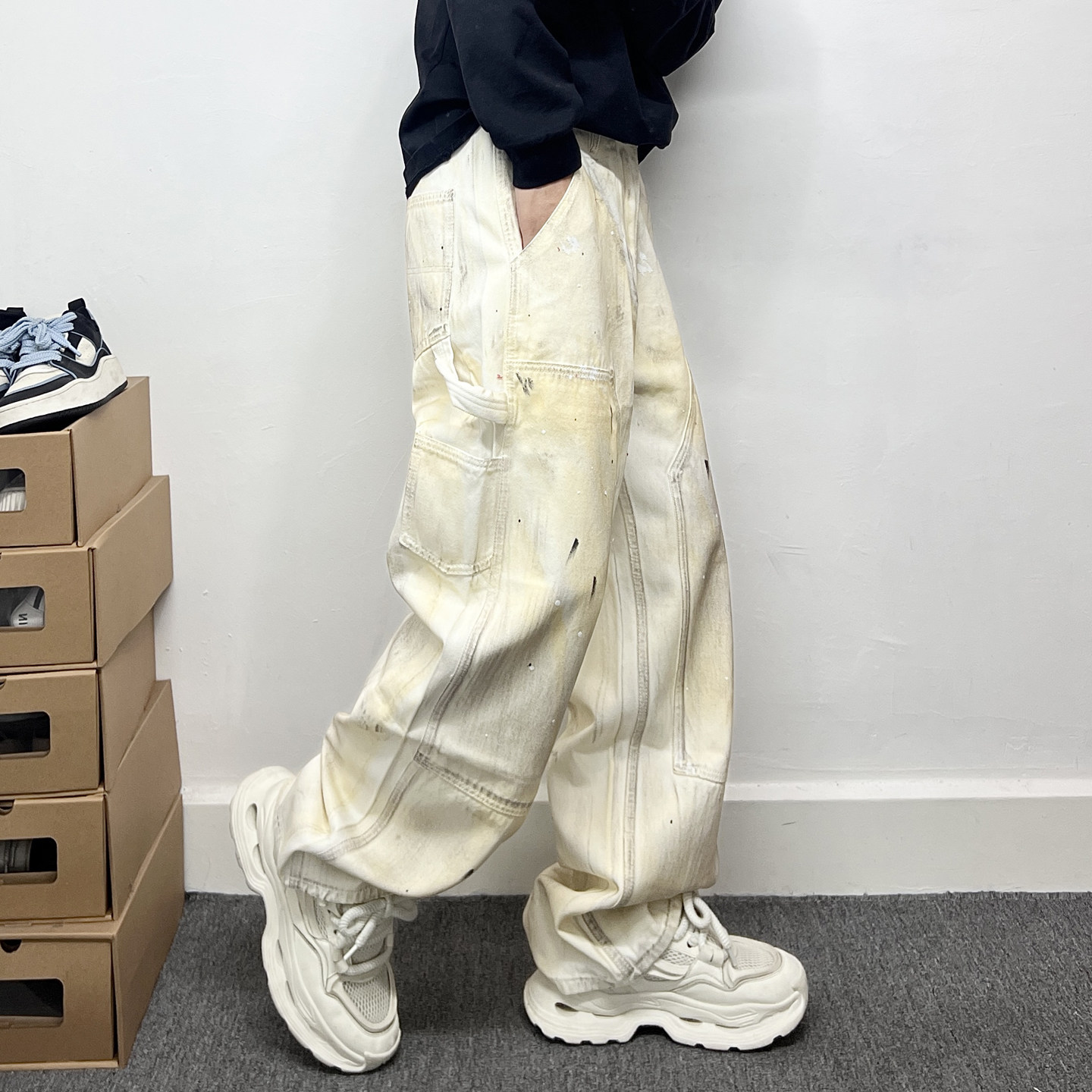 美式复古水洗做旧泼墨米白色工装裤男直筒多口袋阔腿加长牛仔裤男,男装,牛仔裤,淘宝优惠券,粉丝福利购,淘宝优惠卷